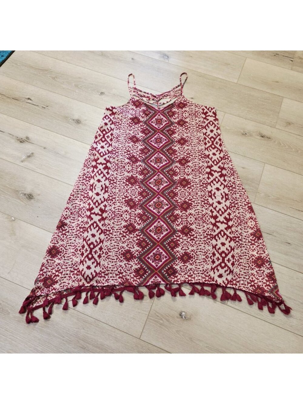 Womens Boho Southwest Tribal Aztec Sleeveless Hippie Fringe Dress Sz M
